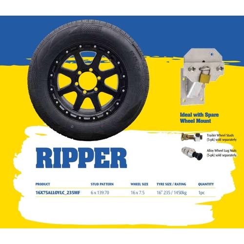 16 INCH LAND CRUISER 6 STUD PATTERN ALLOY TRAILER RIM AND TYRE RIPPER SERIES
