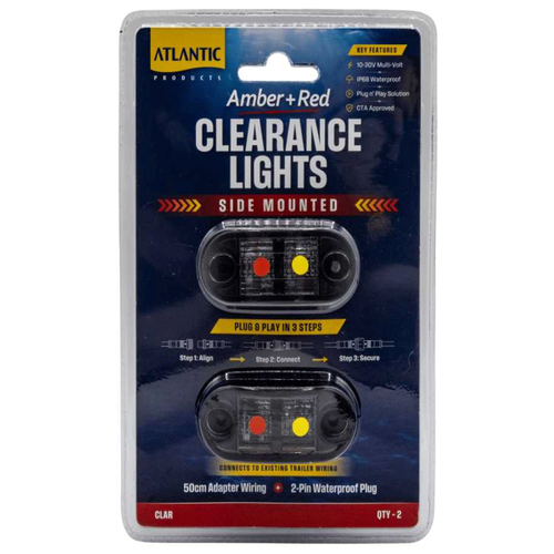 Plug & Play Amber + Red Clearance Lights Pair (2x Units) W/ 50cm of 2-Core Cable & Plug. IP68 Waterpoof suit Telwater Trailers