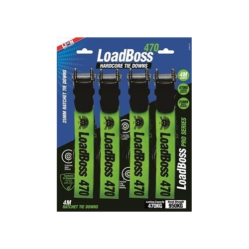 Tie Down Ratchet LoadBoss 4M 470Kg L/C S Hooks 4Pce Lion